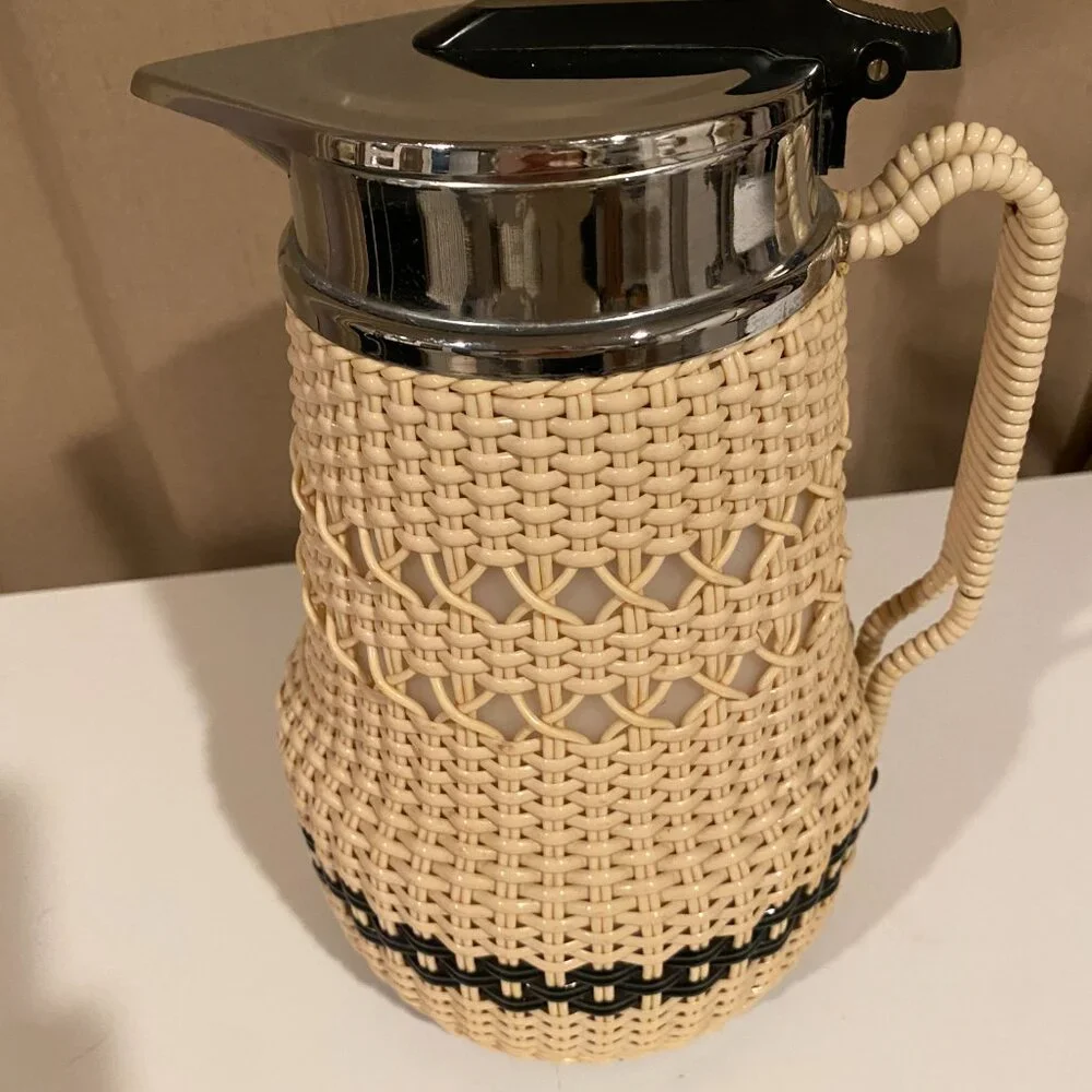 Vintage AB Termoverken Rattan Thermos Pitcher Sweden Cream & Black‎ MCM